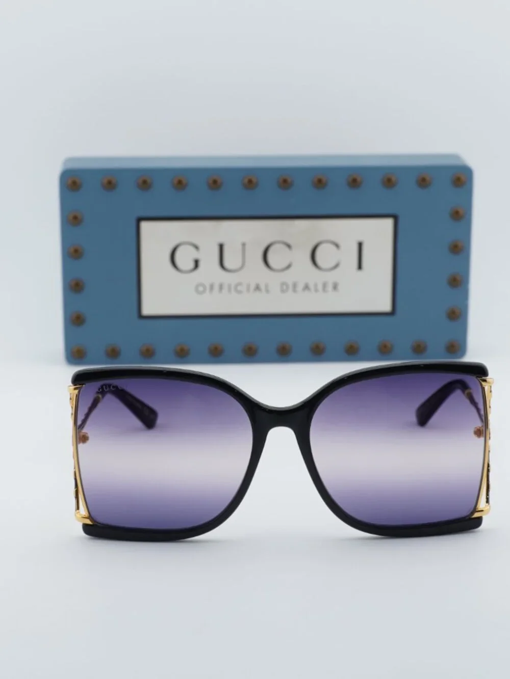 Gucci GG0592S 002 Square Sunglasses - Black / Gold / Smoke Gradient